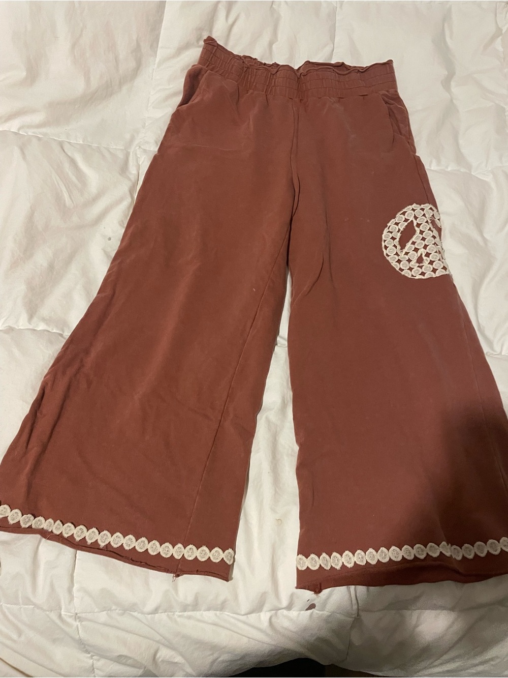 Umgee Rust-Brown Cropped Wide Leg Peace Sign Pants with White Crochet Accents